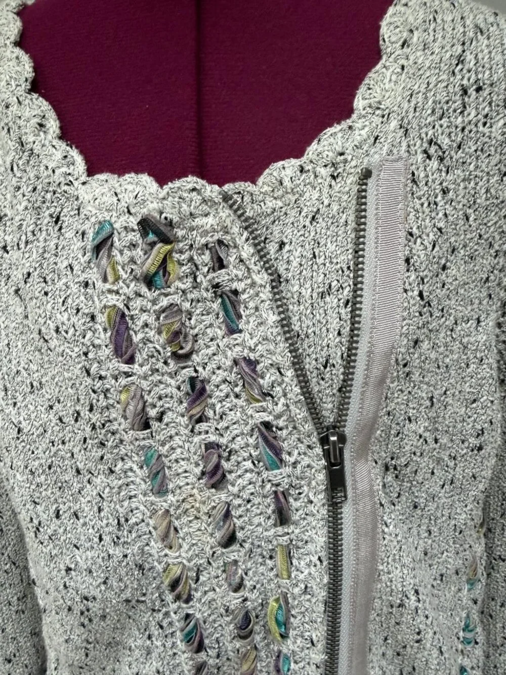 Knitted & Knotted Open Weave Zippered Cotton Cardigan with Ribbon Detail Size S